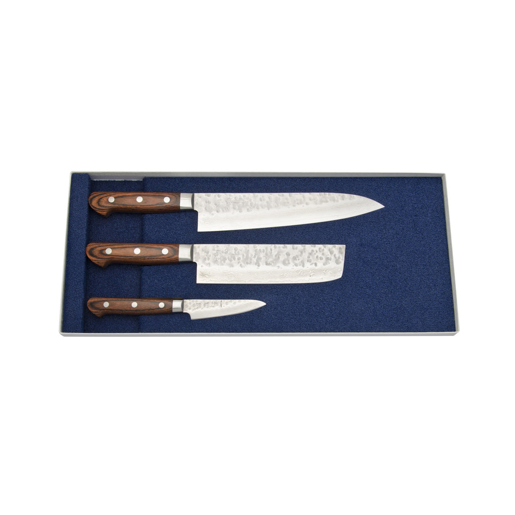 Togiharu Hammered Texture Damascus Three Piece Set Gyuto, Nakiri, & Paring
