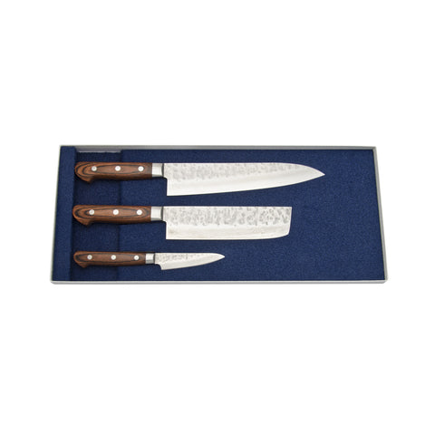 Togiharu Hammered Texture Damascus Three Piece Set Gyuto, Nakiri, & Paring