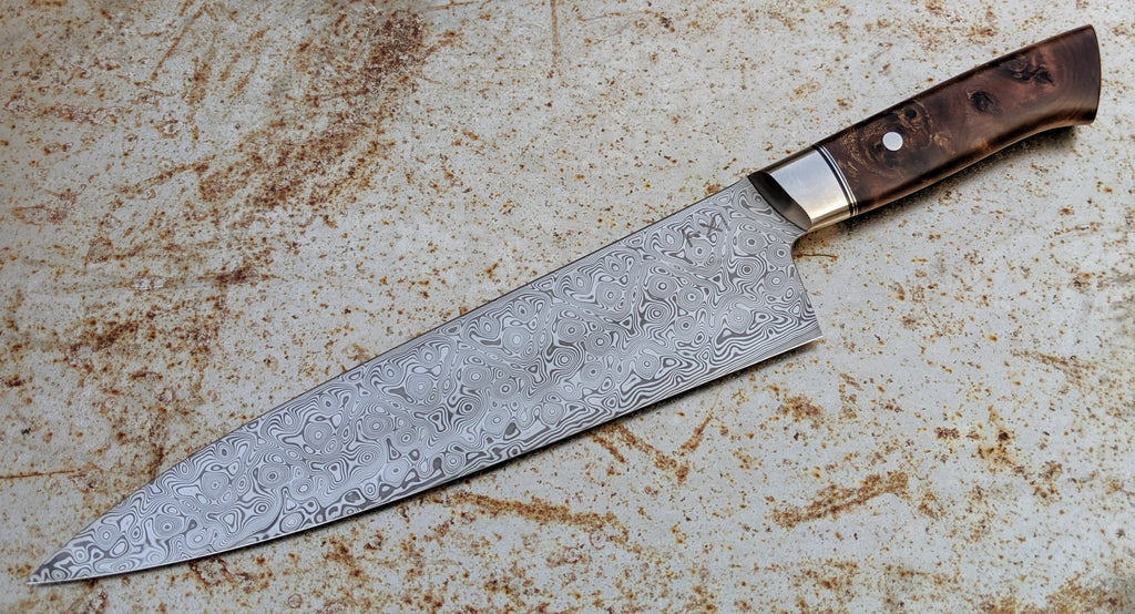 TX Knives by Steffan Toksvig 235mm Damasteel Gyuto with Elm Burl Saya