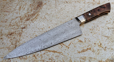 TX Knives by Steffan Toksvig 235mm Damasteel Gyuto with Elm Burl Saya