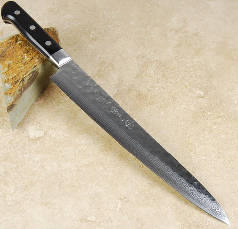 Kikuichi Warikomi Tsuchime Damascus Slicing Knife 9.5" Hammered Blade